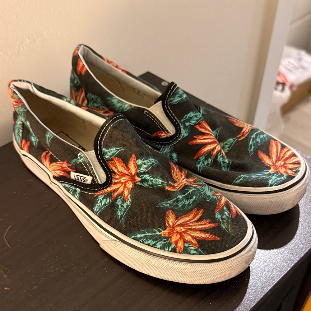 Vans Black Slip-On Sneakers with Orange Floral and Green Leaves